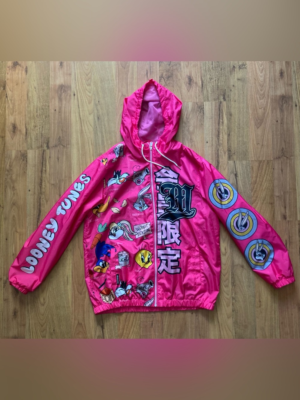 Members Only Retro Looney Tunes Neon Pink Sz Large Hooded Windbreaker Jacket